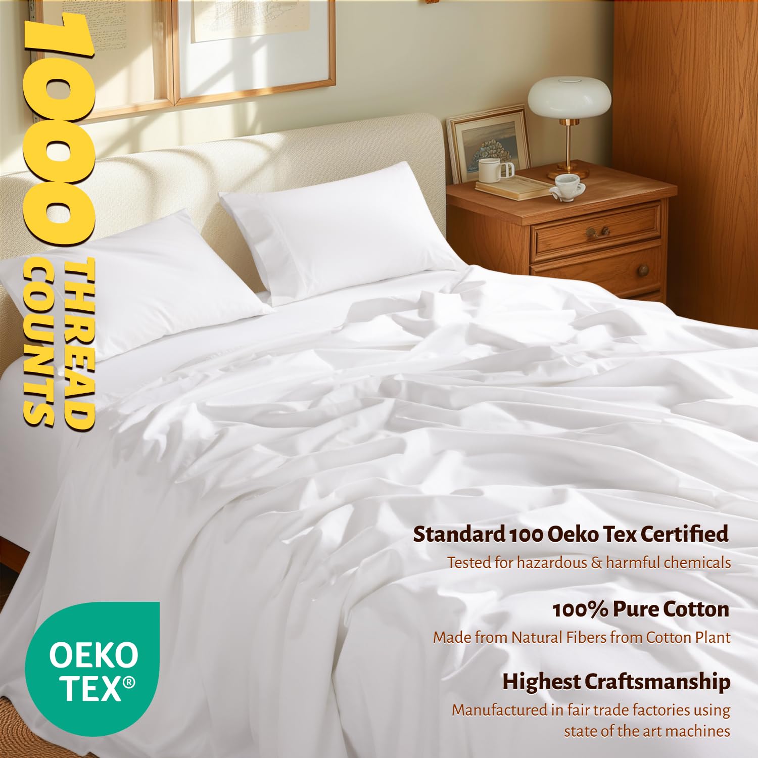 Shilucheng 100% Egyptian Cotton Sheets Set - 1000 Thread Count,Luxury Cotton Bed Sheets,Breathable & Cooling Bedding And Pillow Cases, 16 Inch Deep Pocket - 4 Piece (White, California King)